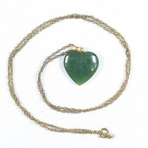 Vintage 3/4" Green Jade heart pendant + chain, Canada British Columbia nephrite